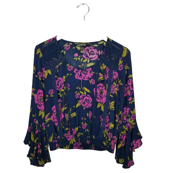 EXPRESS Top Flutter Sleeve Crochet Trim 90s 70s Navy Blue Lavender Floral Size S - Picture 1 of 6